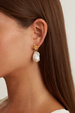 Chan Luu Earrings^Gold Hibiscus Pearl Drop Earrings