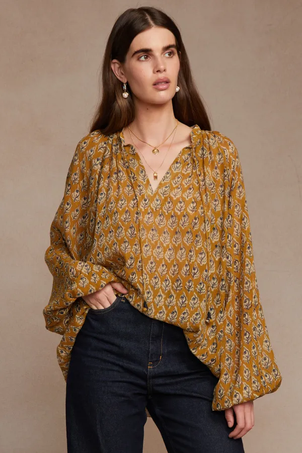 Chan Luu Tops^Josephine Block Print Blouse Chai Tea