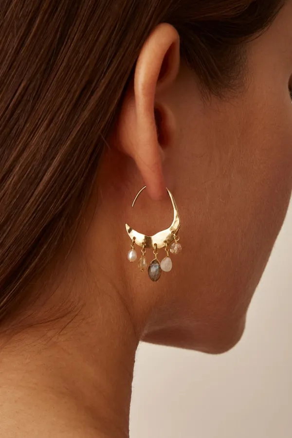 Chan Luu Earrings^Petite Crescent White Pearl And Citrine Mix Gold Hoop Earrings